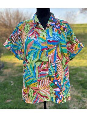C&C Women’s Tropical Button-Up Shirt 100% Linen Short Sleeve Sz XL Lightweight